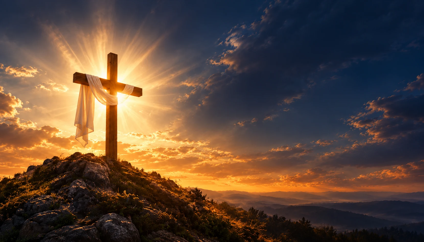 A wooden cross draped in white linen on a rocky hill, illuminated by golden sunset rays